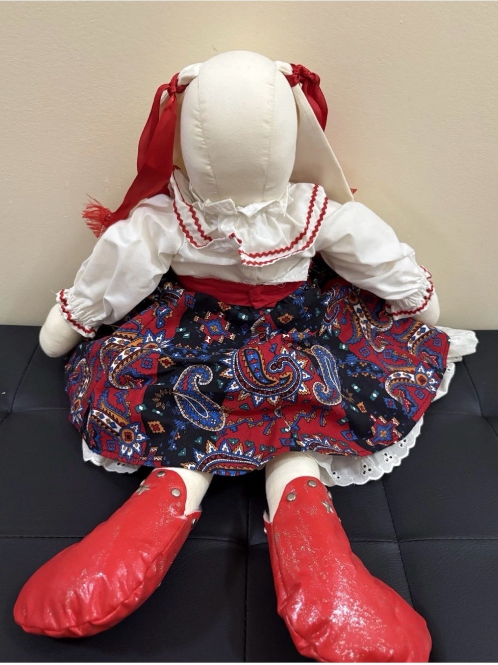 Handmade Bunny Doll with Red Accents and Paisley Skirt - Picture 2 of 3
